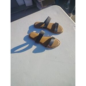 West Loop Womens‎ Dual Strap Slide Sandals Black Metallic Snakeskin Flat Summer